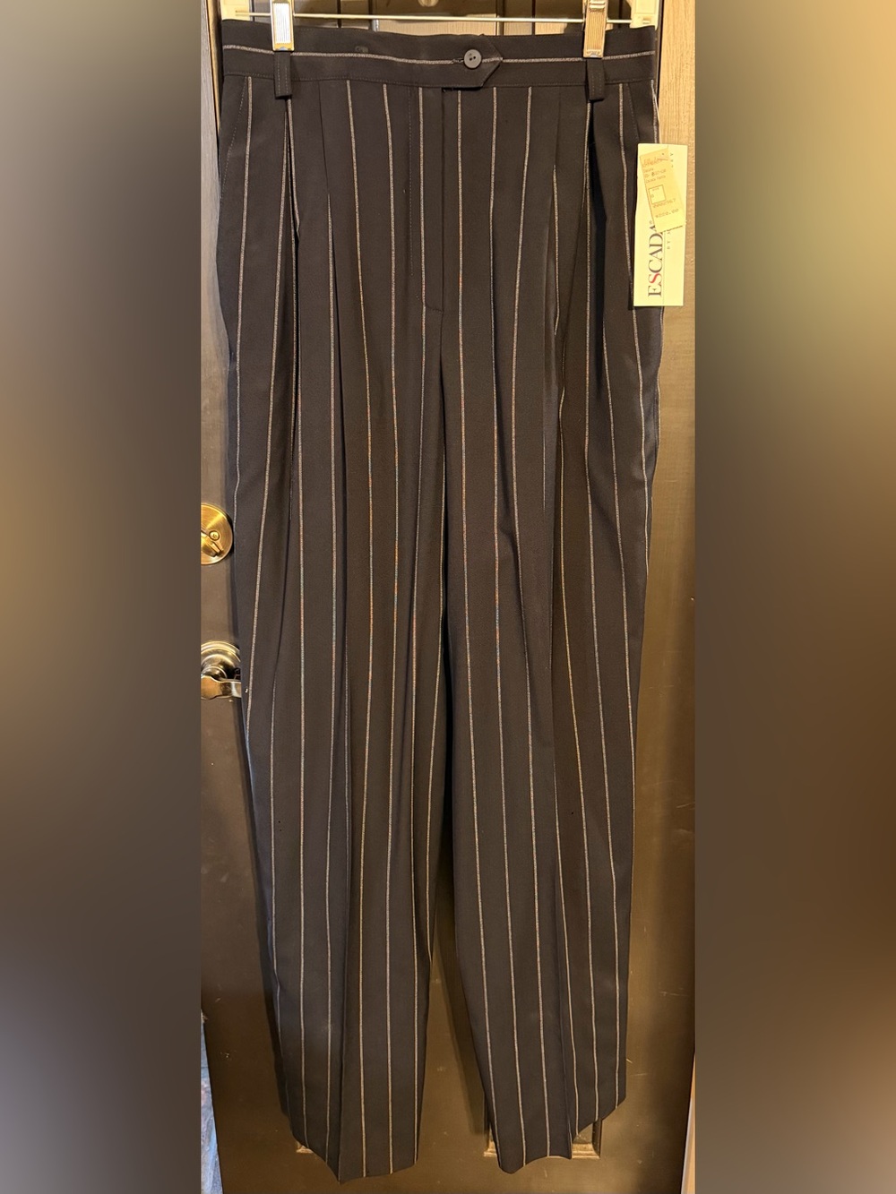 Deadstock VTG Escada 100% Virgin Wool Pinstripe Pants + Leather Belt NWT